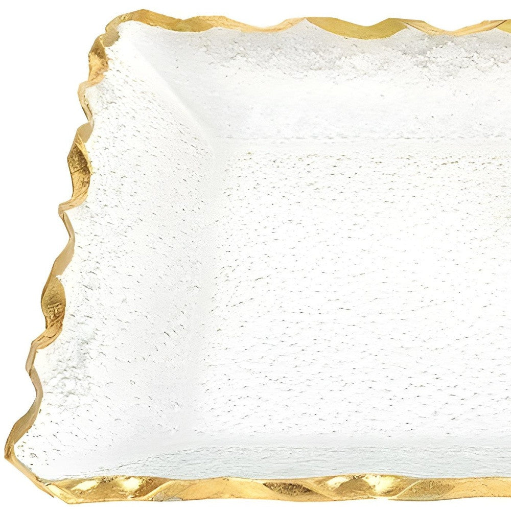 14" Clear and Gold Bubble Glass Scalloped Rim Rectangular Tray