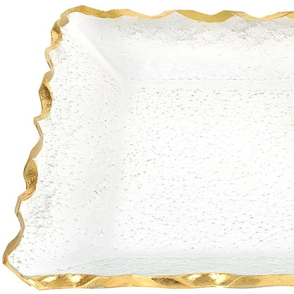 14" Clear and Gold Bubble Glass Scalloped Rim Rectangular Tray