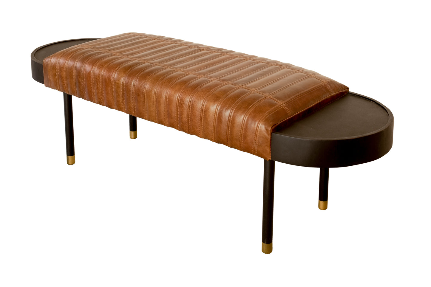 Warm Brown Leather And Solid Wood Bench