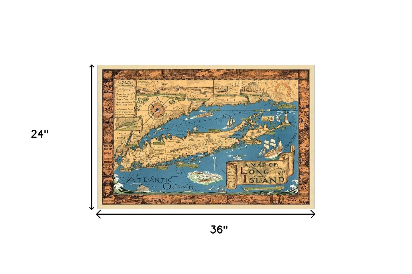 Vintage 1933 Map Of Long Island Unframed Print Wall Art