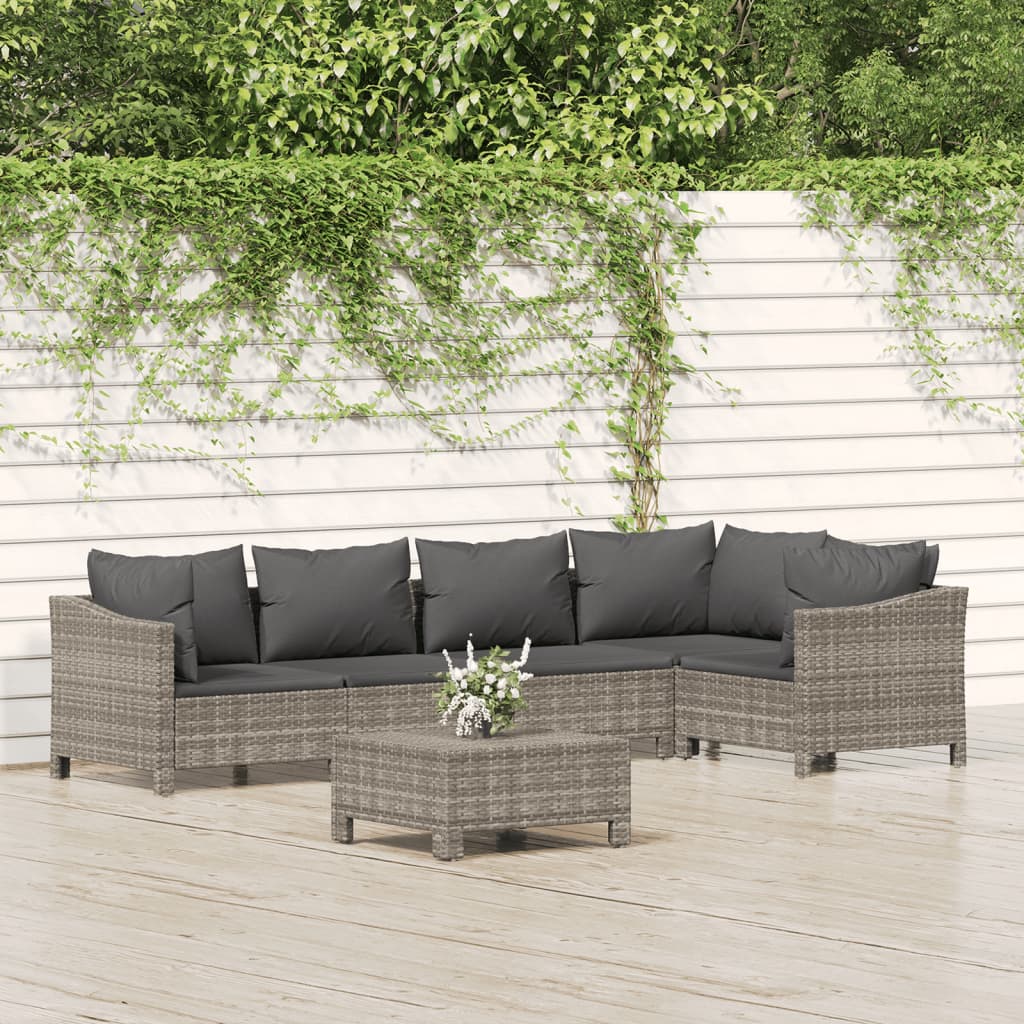 6 Piece Patio Lounge Set with Cushions Gray Poly Rattan