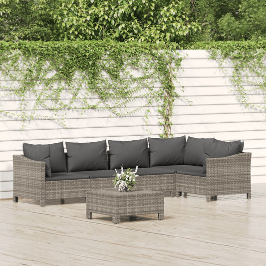 6 Piece Patio Lounge Set with Cushions Gray Poly Rattan