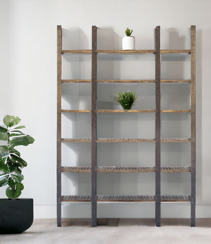 90" Brown Distressed Iron and Solid Wood Six Tier Bookcase