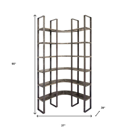 90" Black Iron Frame Curved Wooden Six Tier Shelving