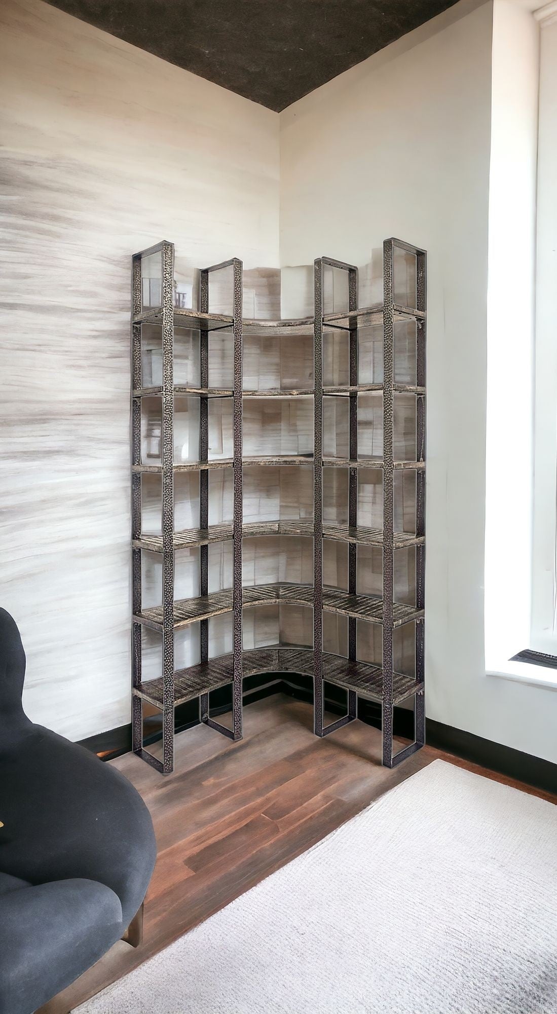 90" Black Iron Frame Curved Wooden Six Tier Shelving