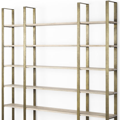 90" Gold and Natural Distressed Iron and Solid Wood Six Tier Bookcase