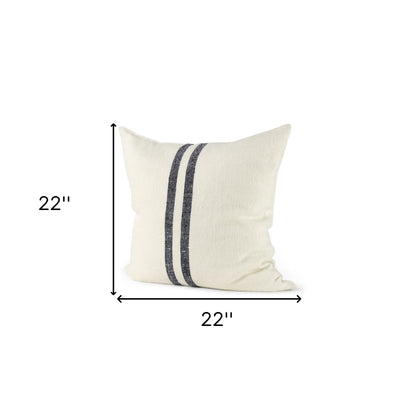 22" Beige And Central Blue Stripes Square Accent Pillow Cover