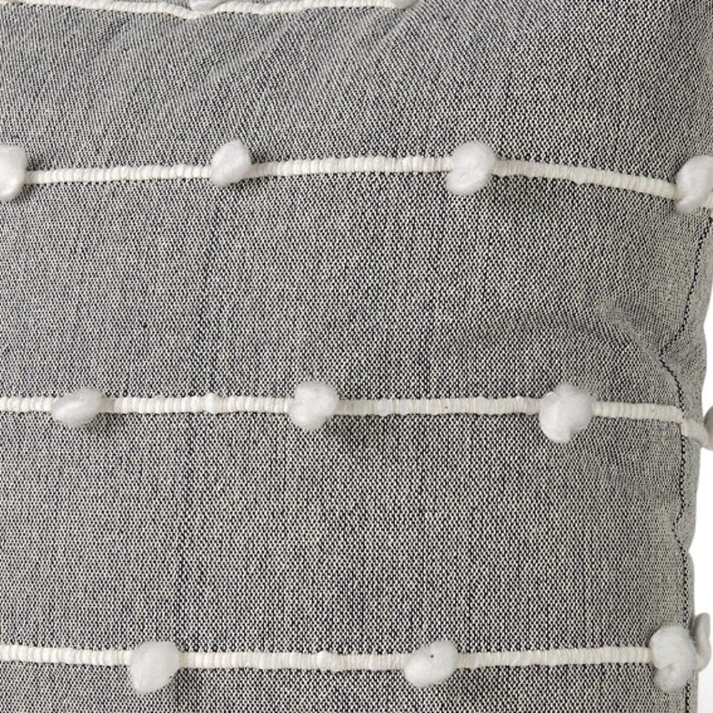 20" Gray and White Striped Linen Throw Pillow Cover With Embroidery and Pom Poms