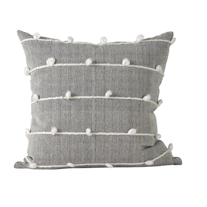 20" Gray and White Striped Linen Throw Pillow Cover With Embroidery and Pom Poms