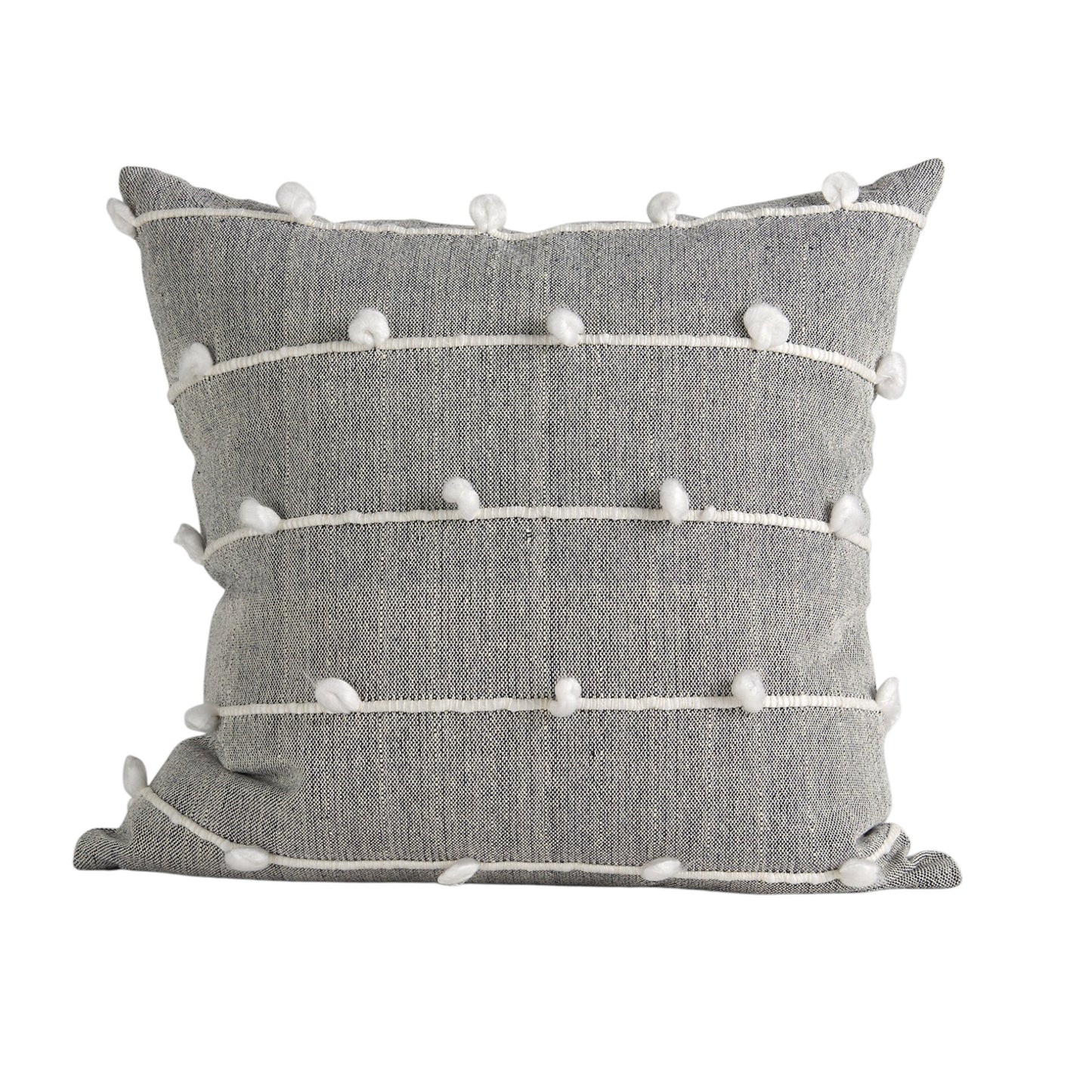 20" Gray and White Striped Linen Throw Pillow Cover With Embroidery and Pom Poms