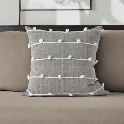 20" Gray and White Striped Linen Throw Pillow Cover With Embroidery and Pom Poms