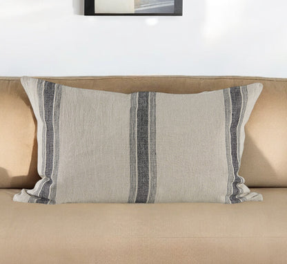 13" X 21" Beige and Black Striped Linen Throw Pillow Cover