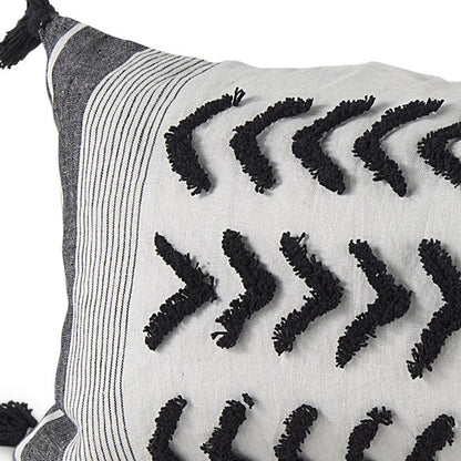 White And Gray Fringed Lumbar Pillow Cover