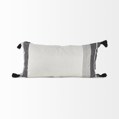 White And Gray Fringed Lumbar Pillow Cover