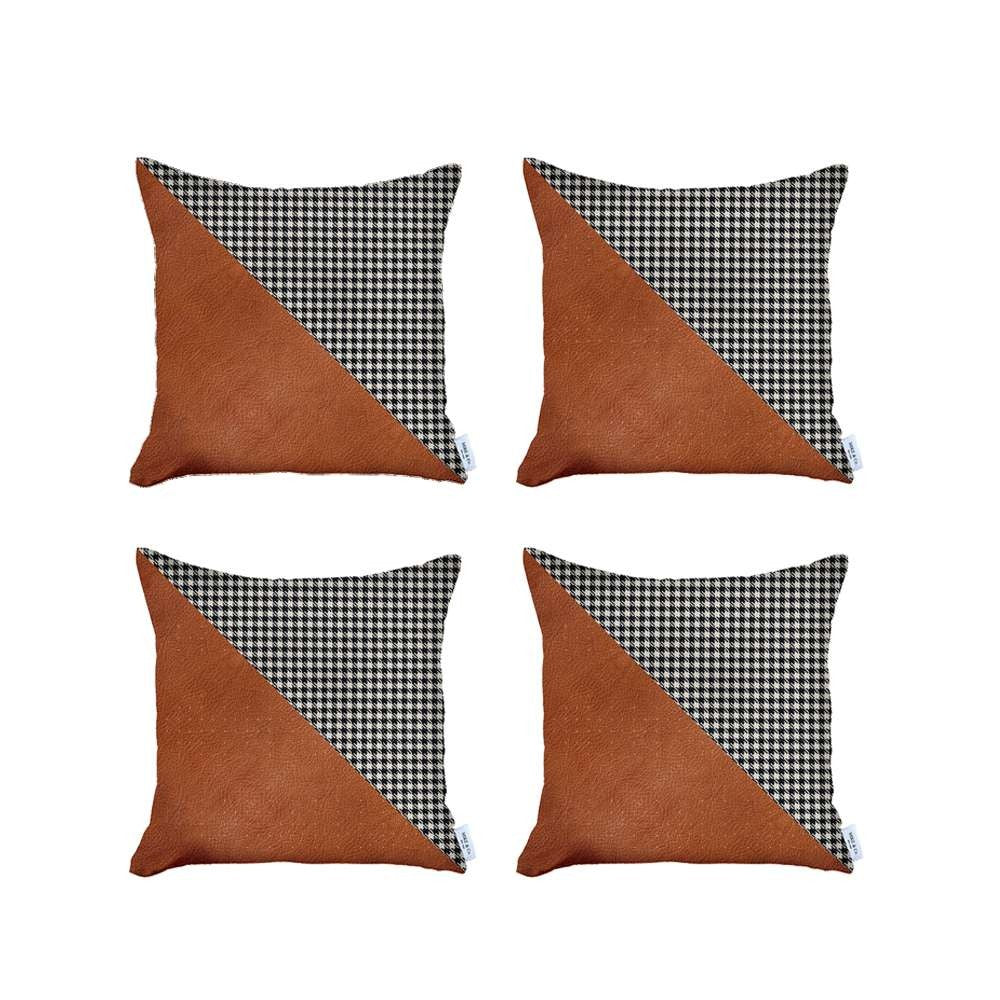 Set Of 4 Houndstooth Brown Faux Leather Pillow Covers