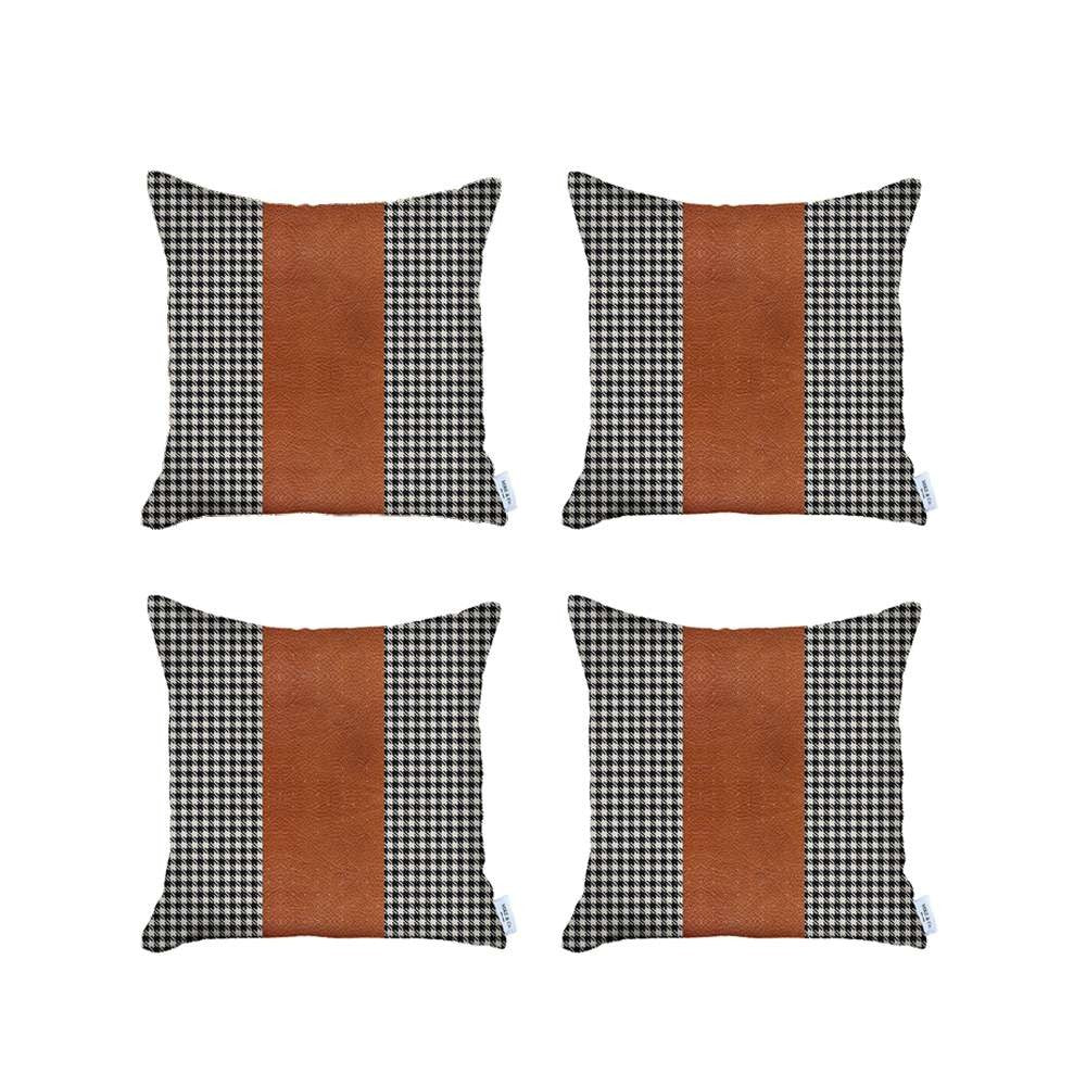 Set Of 4 Black Checkered Faux Leather Pillow Covers