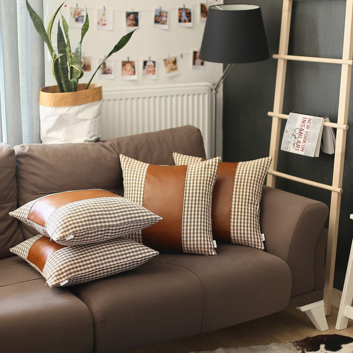 Set Of 4 Brown Checkered Faux Leather Pillow Covers