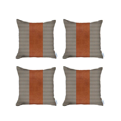 Set Of 4 Brown Checkered Faux Leather Pillow Covers