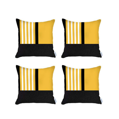 Set Of 4 Yellow And Black Printed Pillow Covers