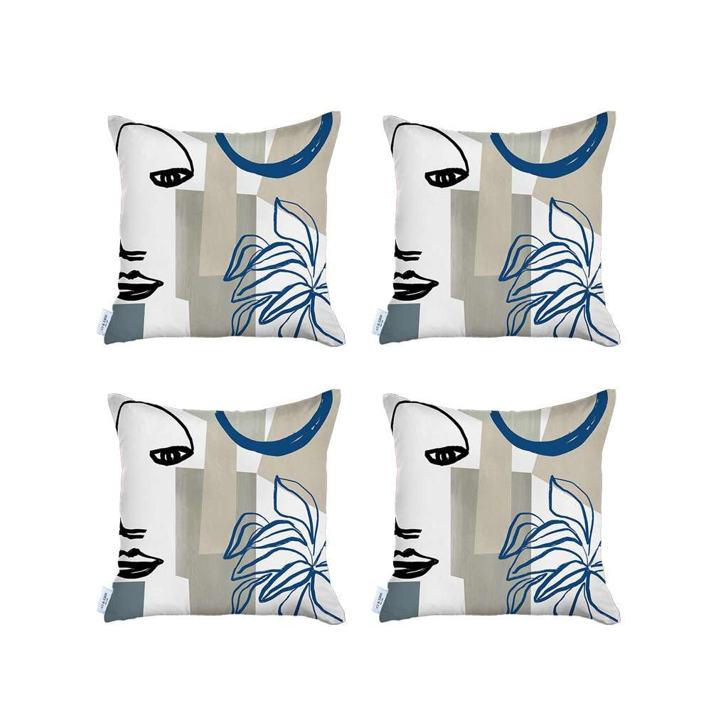 Set Of 4 Blue And Ivory Printed Pillow Covers