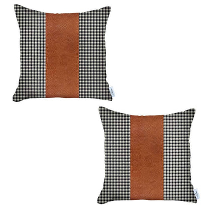 Set of Two Black Brown and Off White Houndstooth Throw Pillow Covers