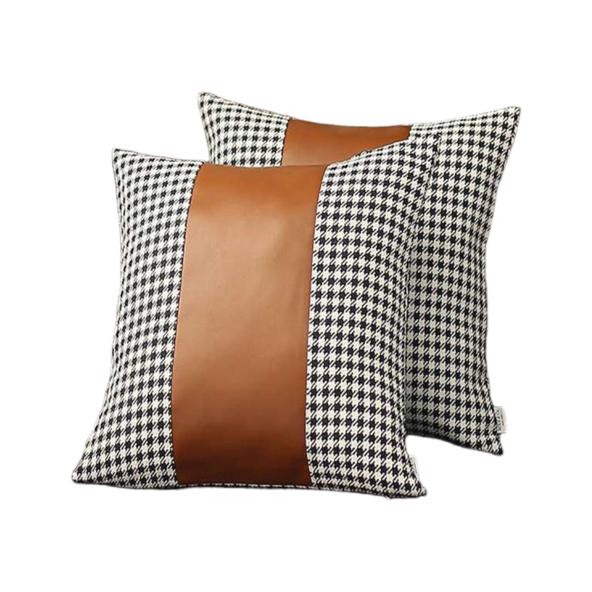 Set of Two Black Brown and Off White Houndstooth Throw Pillow Covers