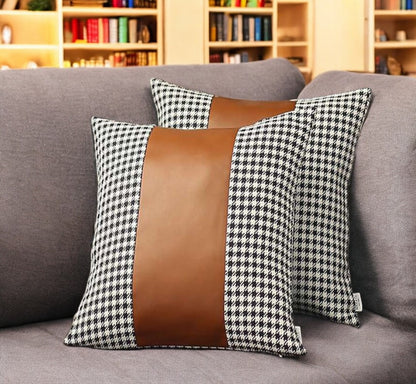 Set of Two Black Brown and Off White Houndstooth Throw Pillow Covers