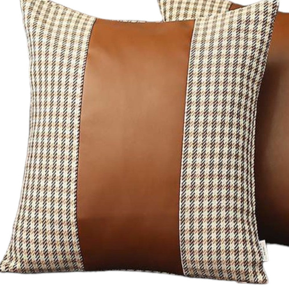 Set of Two Ivory and Brown Houndstooth Throw Pillow Covers