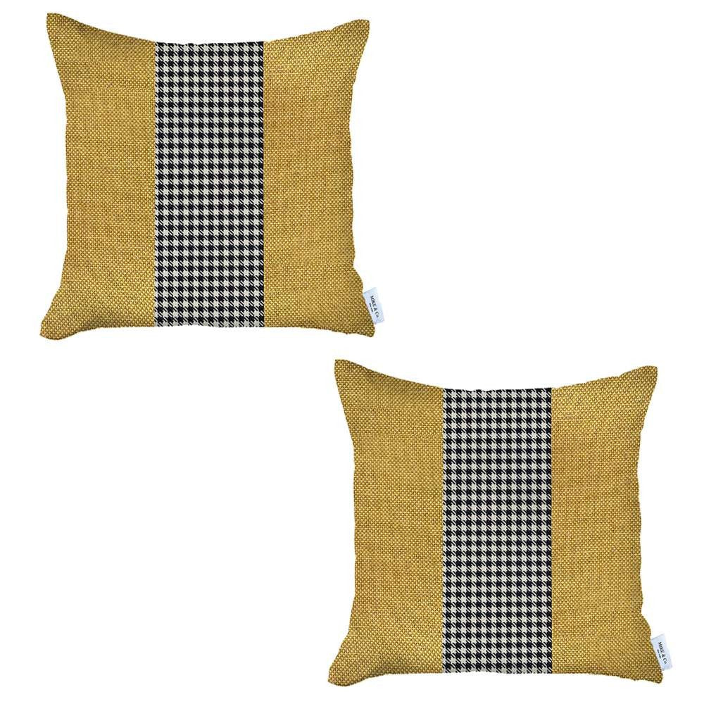 Set of Two 18" Yellow Black and White Houndstooth Fabric Throw Pillow Covers