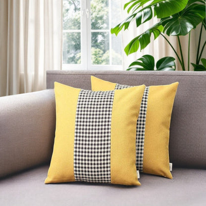 Set of Two 18" Yellow Black and White Houndstooth Fabric Throw Pillow Covers