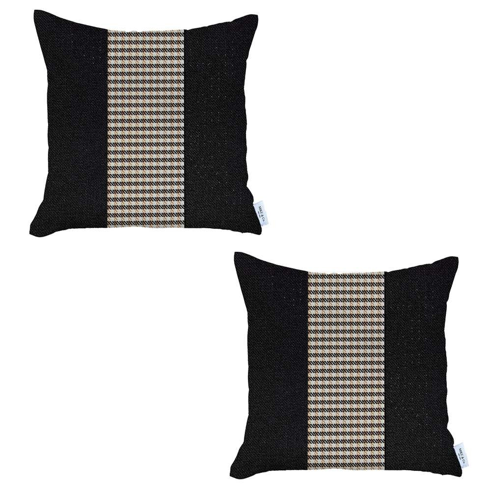 Set of Two 18" Black Brown and White Houndstooth Fabric Throw Pillow Covers