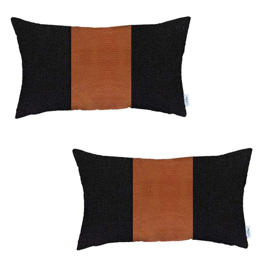 Set Of 2 Black Faux Leather Lumbar Pillow Covers