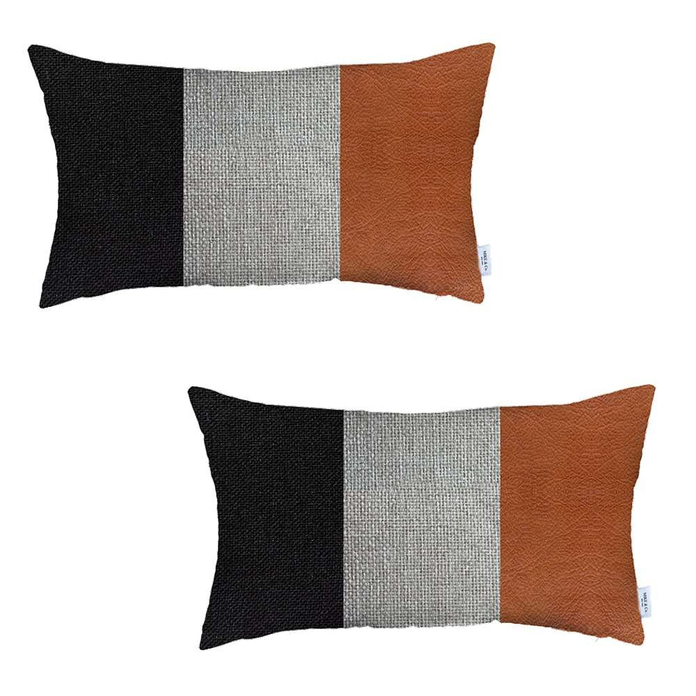 Set Of 2 Brown Faux Leather Lumbar Pillow Covers