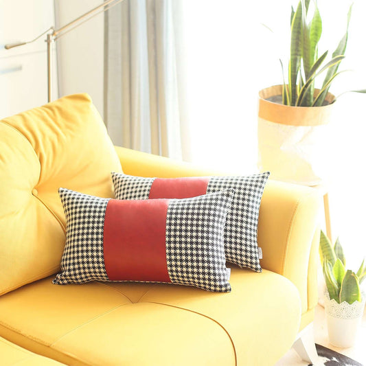 Set Of 2 Red Houndstooth Lumbar Pillow Covers