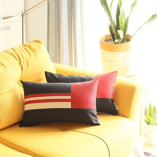 Set Of 2 Red Geometric Lumbar Pillow Covers