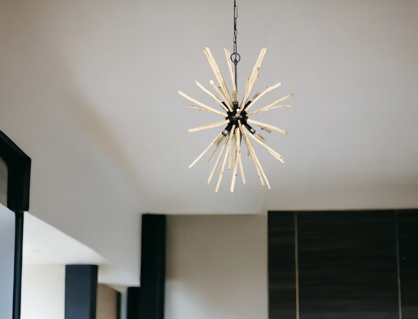 Wood And Metal Starburst Six Bulb Hanging Light