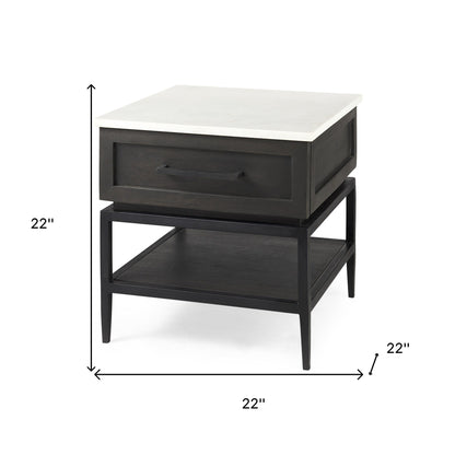 22" Black And White Marble Square End Table With Drawer And Shelf