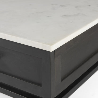 22" Black And White Marble Square End Table With Drawer And Shelf