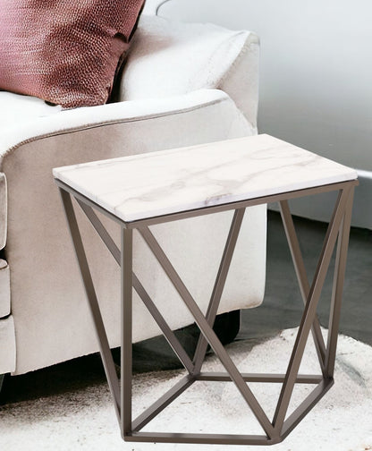 22" Antique Brass And White Stone Rectangular End Table