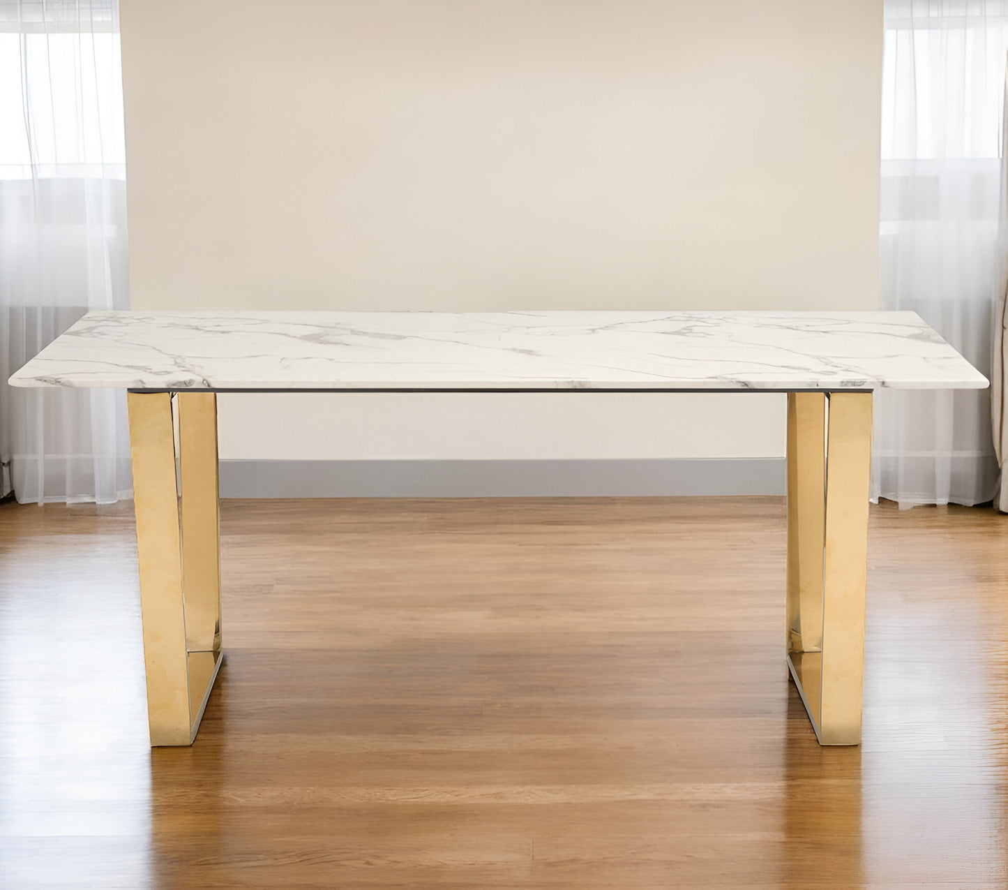 71" White And Gold Faux Marble And Steel Sled Base Dining Table