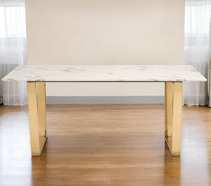 71" White And Gold Faux Marble And Steel Sled Base Dining Table