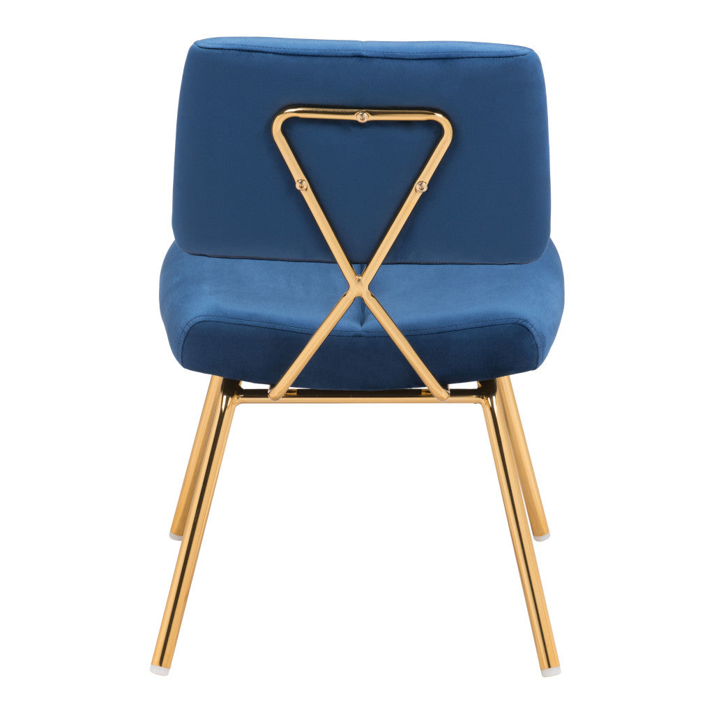 Set of Two Blue And Gold Upholstered Velvet Open Back Dining Side Chairs