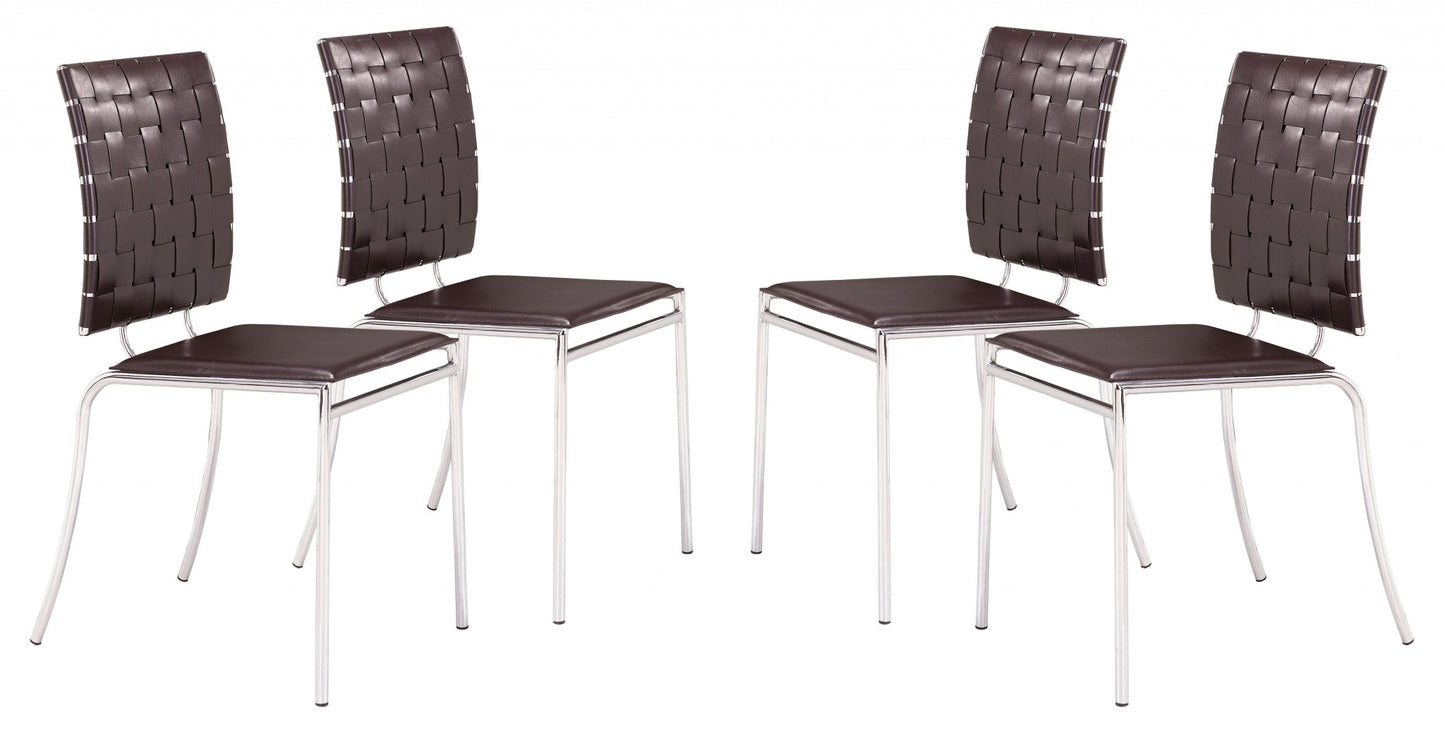 Set of Four Espresso And Silver Upholstered Faux Leather Open Back Dining Side Chairs