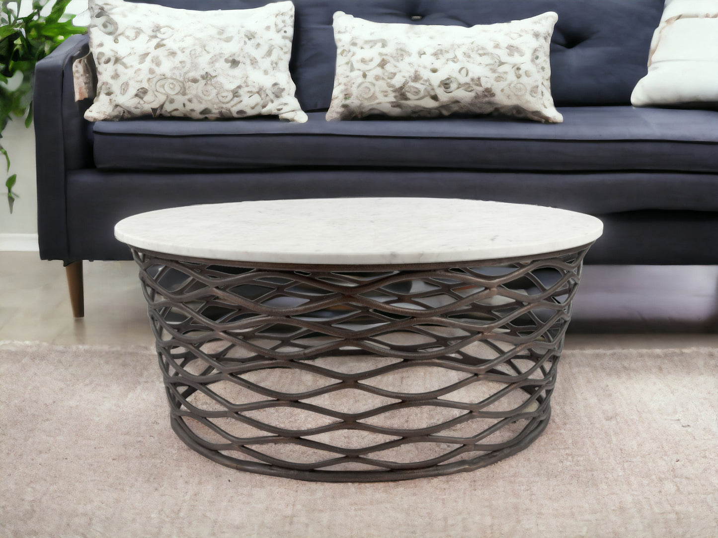 36" White And Antiqued Bronze Genuine Marble And Aluminum Round Coffee Table