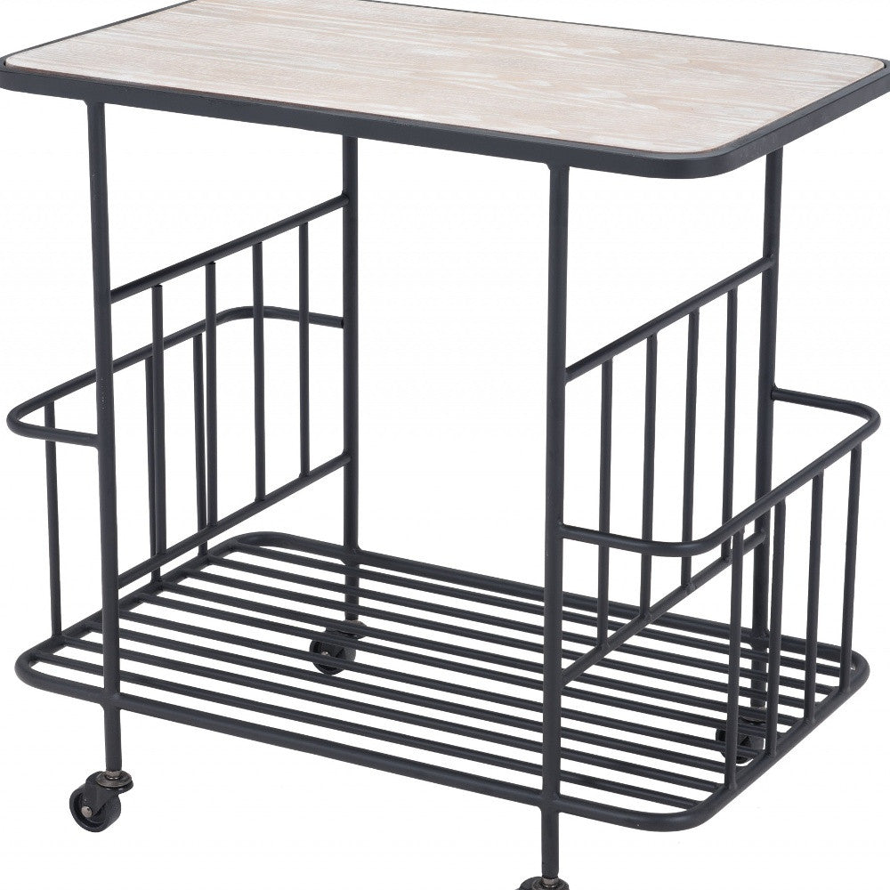 Black and White Steel Rolling Bar Cart With Wine Storage