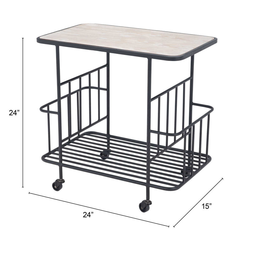 Black and White Steel Rolling Bar Cart With Wine Storage