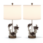 Set of Two 27" Brown Table Lamp With White Drum Shade