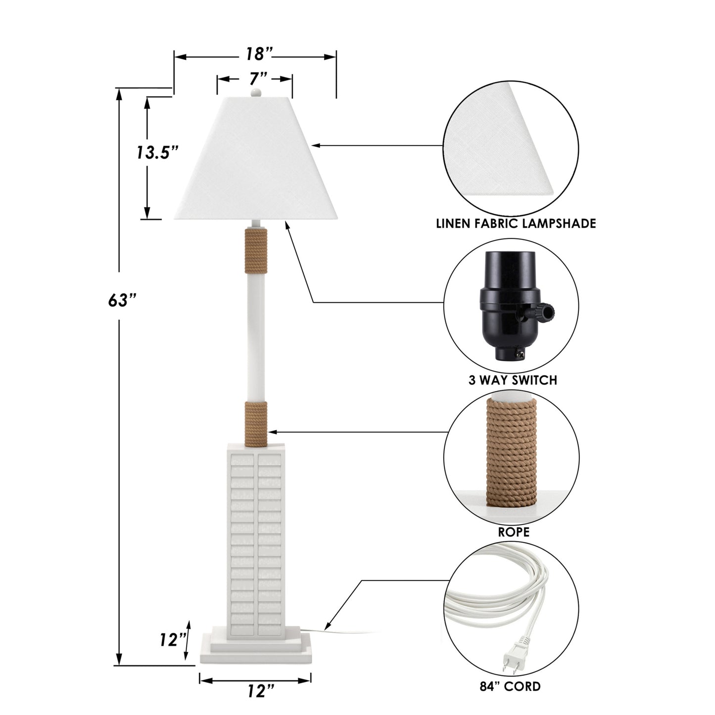 63" White Floor Lamp With White Linen Shade