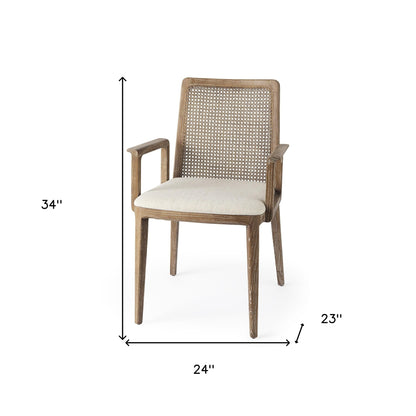 Cream And Brown Upholstered Fabric Dining Arm Chair