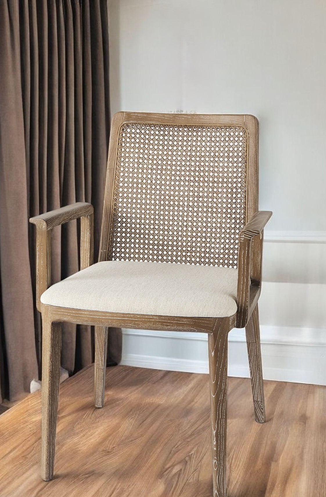 Cream And Brown Upholstered Fabric Dining Arm Chair